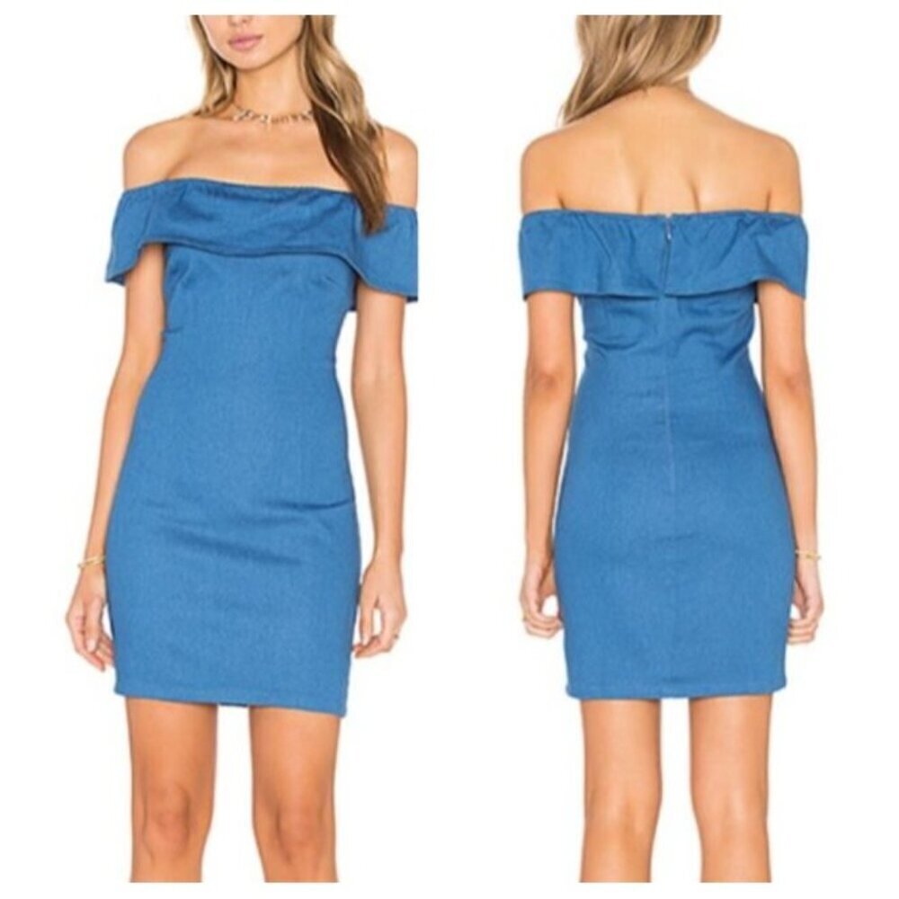 New! WYLDR Off the Shoulder Chambray Dress Size Small Ruffled Cotton Blend Blue